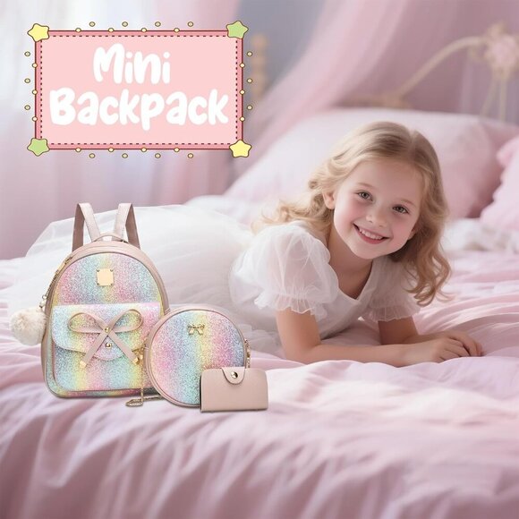 Glitter Pink 3-Piece Girls Bowknot Leather Backpack Set for Stylish Adventures